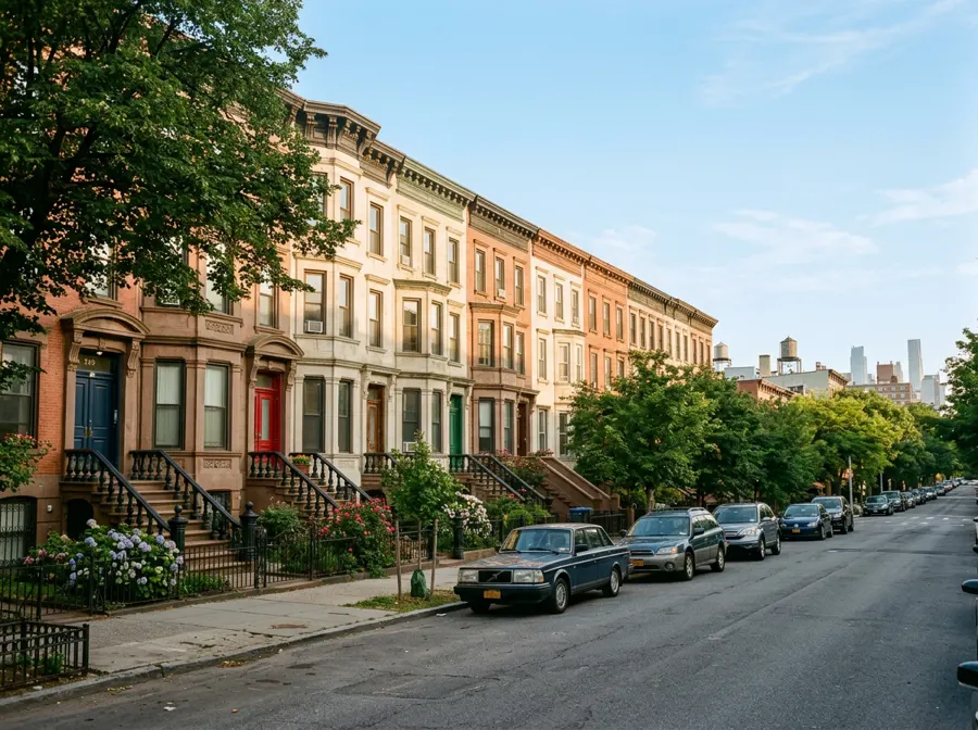 A residential Brooklyn street of brick row houses on a clear morning