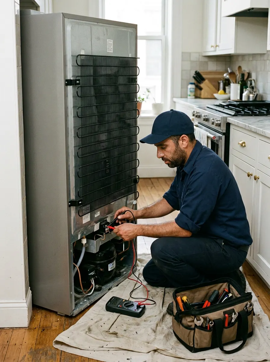 A Mr. Fridge technician working on the compressor at the back of a refrigerator pulled out from its nook in a Brooklyn kitchen