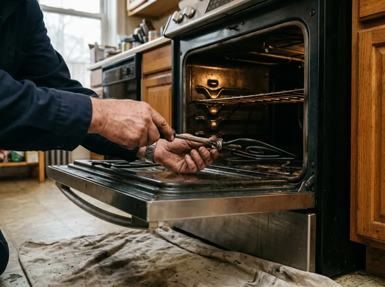 Close view of a technician replacing a baking element inside an electric oven